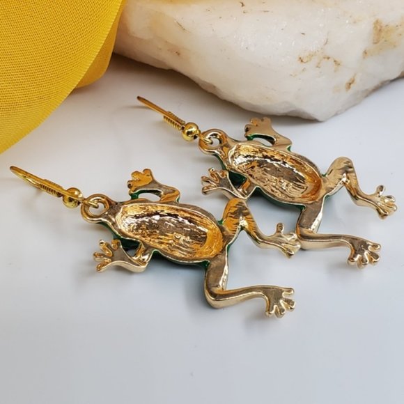 Gold Earring Frog Jewelry Green Lucky Charm Frogs Crystals - Picture 4 of 5